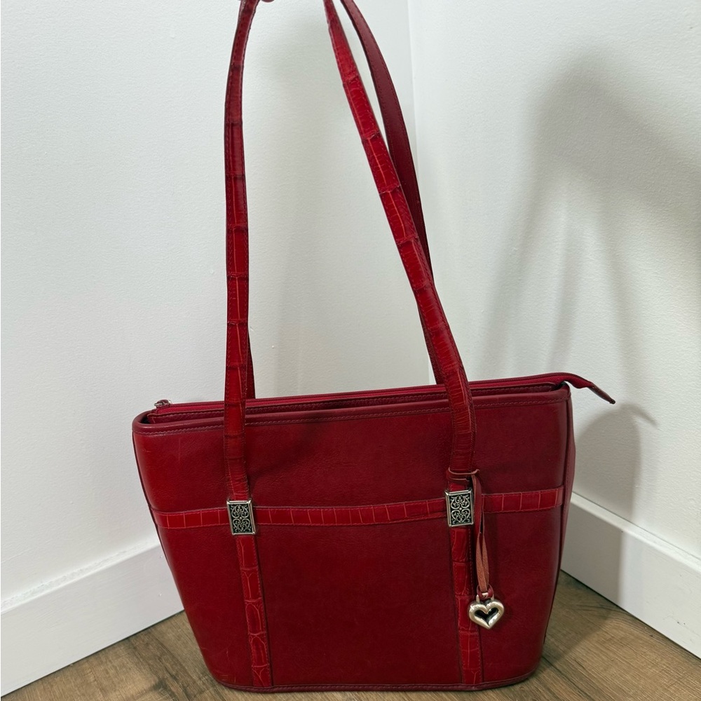 Brighton Red Leather Tote Bag Zipper Closure Heart Charm Classic